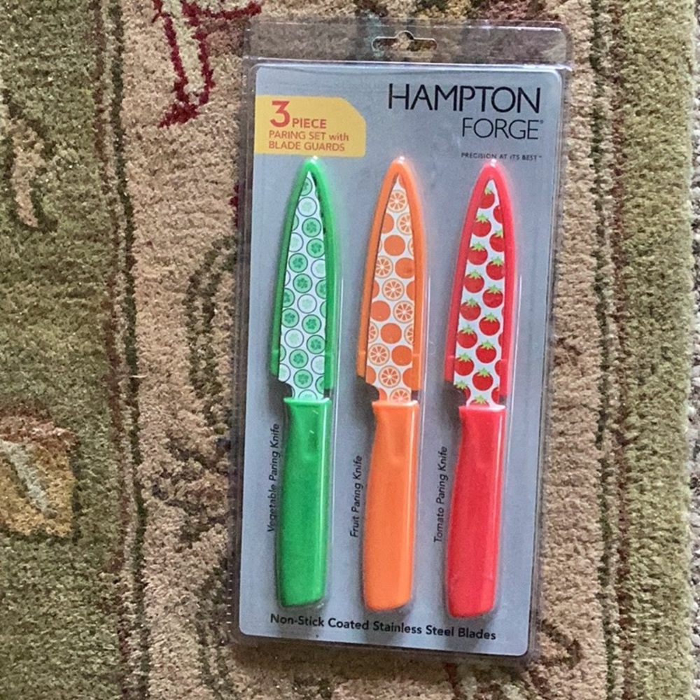 Colorful set of 3 PARING KNIVES w/Blade guards, Cucumber 🥒 Orange 🍊TOMATO 🍅